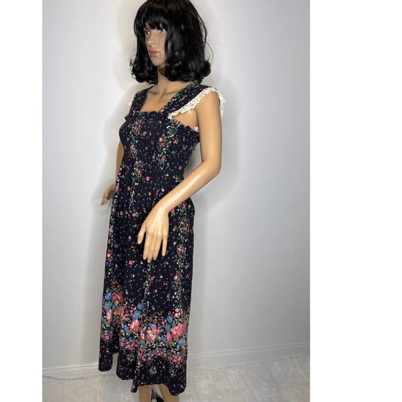 Vintage 70s The Fig Leaf Floral Smocked Cottagecore Prairie Midi Cotton Dress XS - Picture 13 of 16